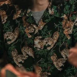 Bronson Lot AS08 Ukiyo-e Tiger & Bambo Pattern Aloha Shirt - Black Back In Stock