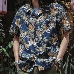 Bronson Lot AS08 Ukiyo-e Tiger & Bambo Pattern Aloha Shirt - Navy Back In Stock