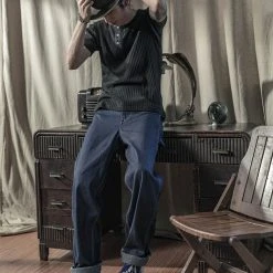 Bronson 11 Oz Vintage Ribbed Cotton Henley T-Shirt - Black