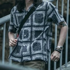 Non Stock Paisley Print Seersucker Open Collar Shirt - Navy