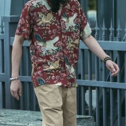Non Stock Ukiyo-e Tiger & Crane Pattern Aloha Shirt - Wine Red TOPS 17 Non Stock Ukiyo-e Tiger & Crane Pattern Aloha Shirt - Wine Red TOPS