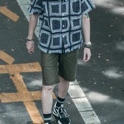 Non Stock Paisley Print Seersucker Open Collar Shirt - Navy