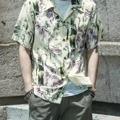 Non Stock Ukiyo-e Tiger & Bamboo Pattern Aloha Shirt - Light Green TOPS