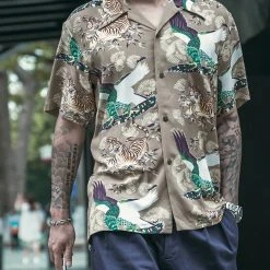 Non Stock Ukiyo-e Tiger & Crane Pattern Aloha Shirt - Khaiki
