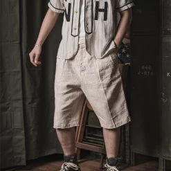 Non Stock Loose Double Pleated Striped 10.5 Oz Linen Shorts